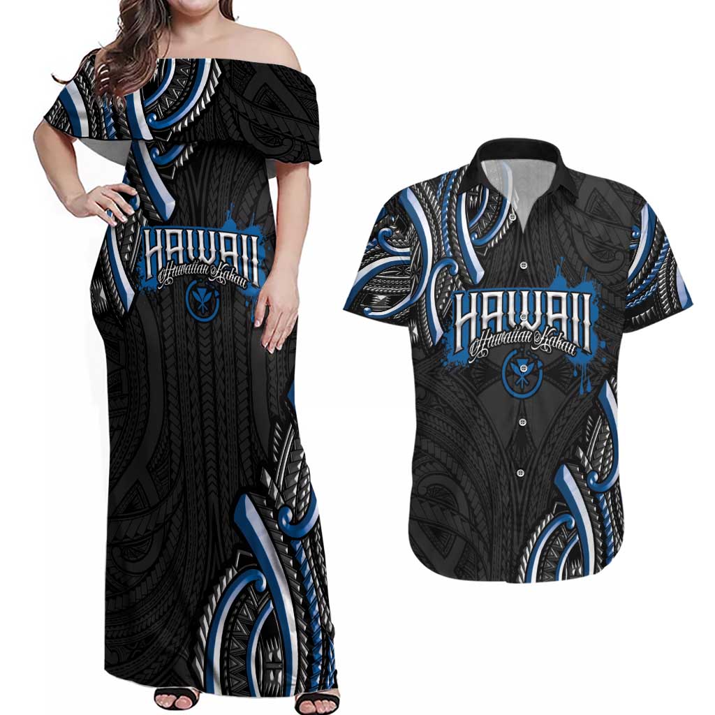 Traditional Art Hawaiian Kakau Tattoos Couples Matching Off Shoulder Maxi Dress and Hawaiian Shirt Blue Color - Polynesian Pride