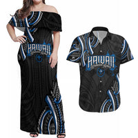 Traditional Art Hawaiian Kakau Tattoos Couples Matching Off Shoulder Maxi Dress and Hawaiian Shirt Blue Color - Polynesian Pride