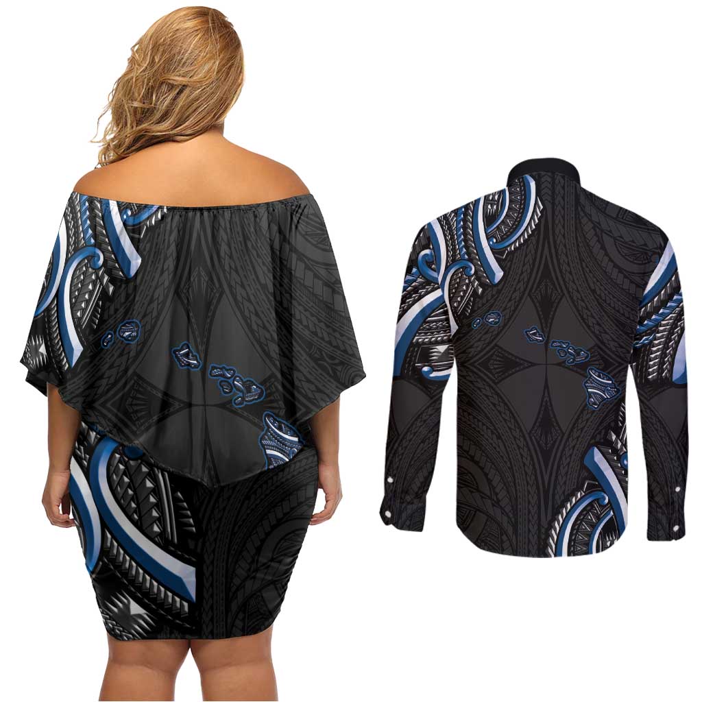 Traditional Art Hawaiian Kakau Tattoos Couples Matching Off Shoulder Short Dress and Long Sleeve Button Shirt Blue Color - Polynesian Pride