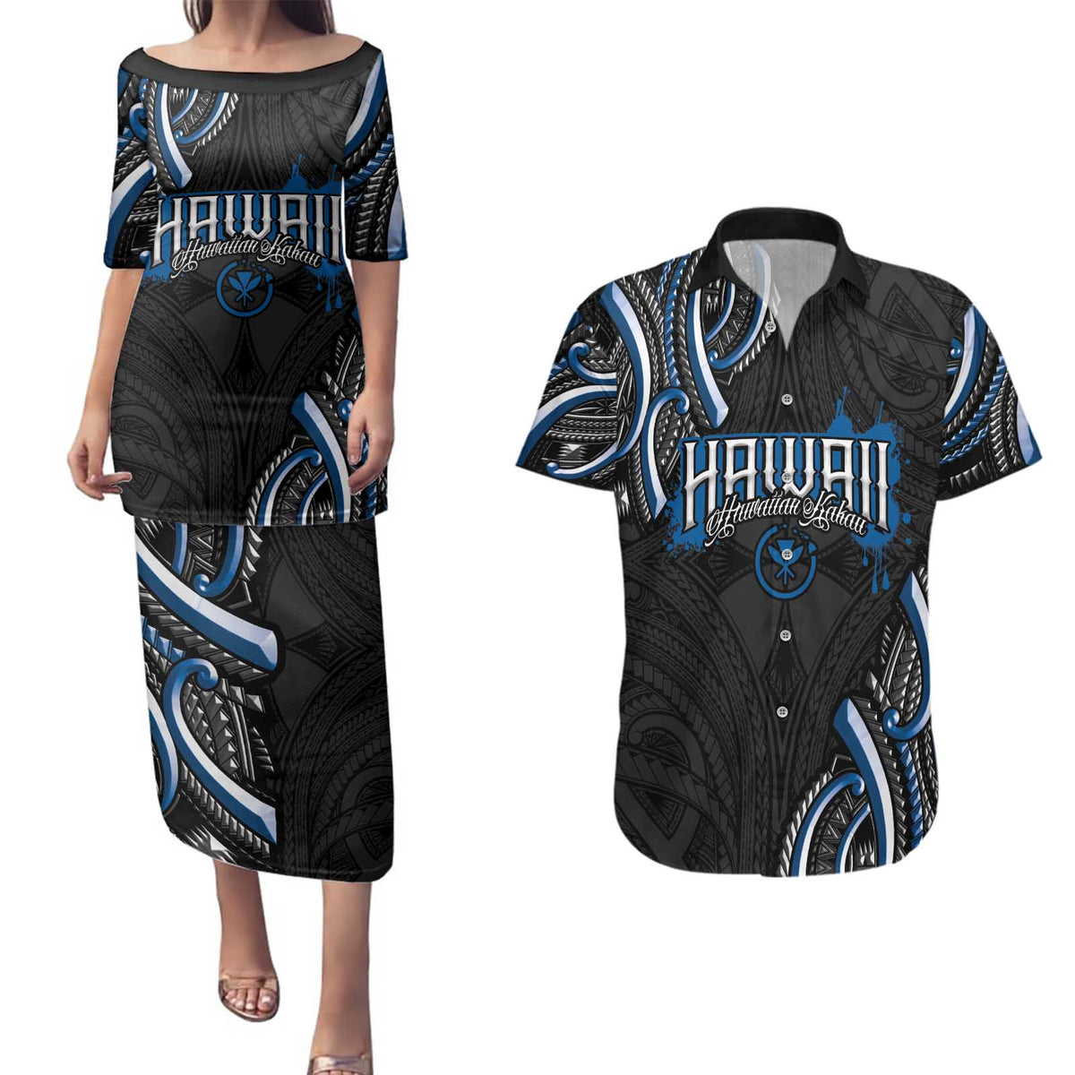 Traditional Art Hawaiian Kakau Tattoos Couples Matching Puletasi and Hawaiian Shirt Blue Color LT03 Blue - Polynesian Pride
