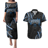 Traditional Art Hawaiian Kakau Tattoos Couples Matching Puletasi and Hawaiian Shirt Blue Color LT03 Blue - Polynesian Pride