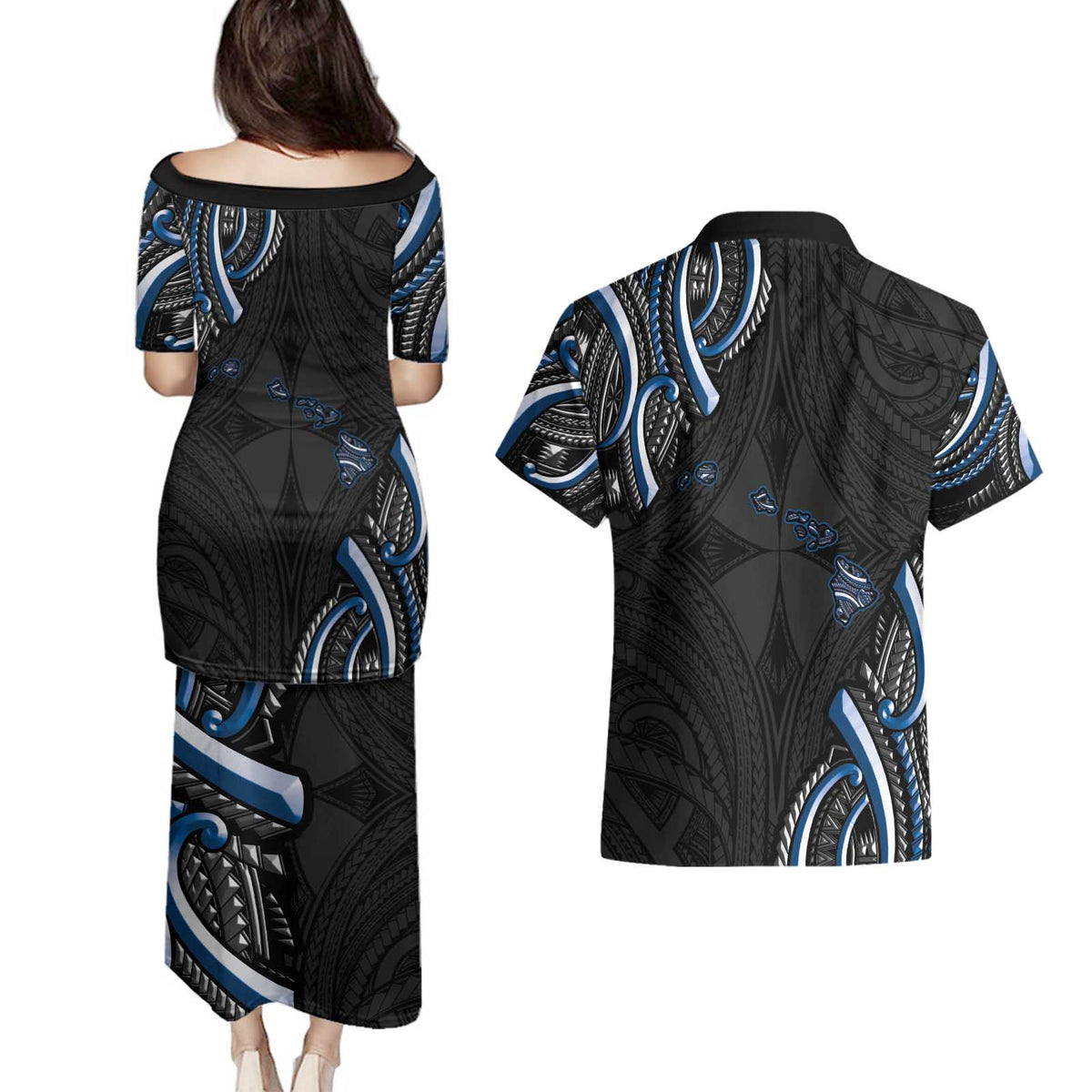 Traditional Art Hawaiian Kakau Tattoos Couples Matching Puletasi and Hawaiian Shirt Blue Color LT03 - Polynesian Pride