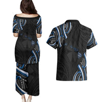 Traditional Art Hawaiian Kakau Tattoos Couples Matching Puletasi and Hawaiian Shirt Blue Color LT03 - Polynesian Pride