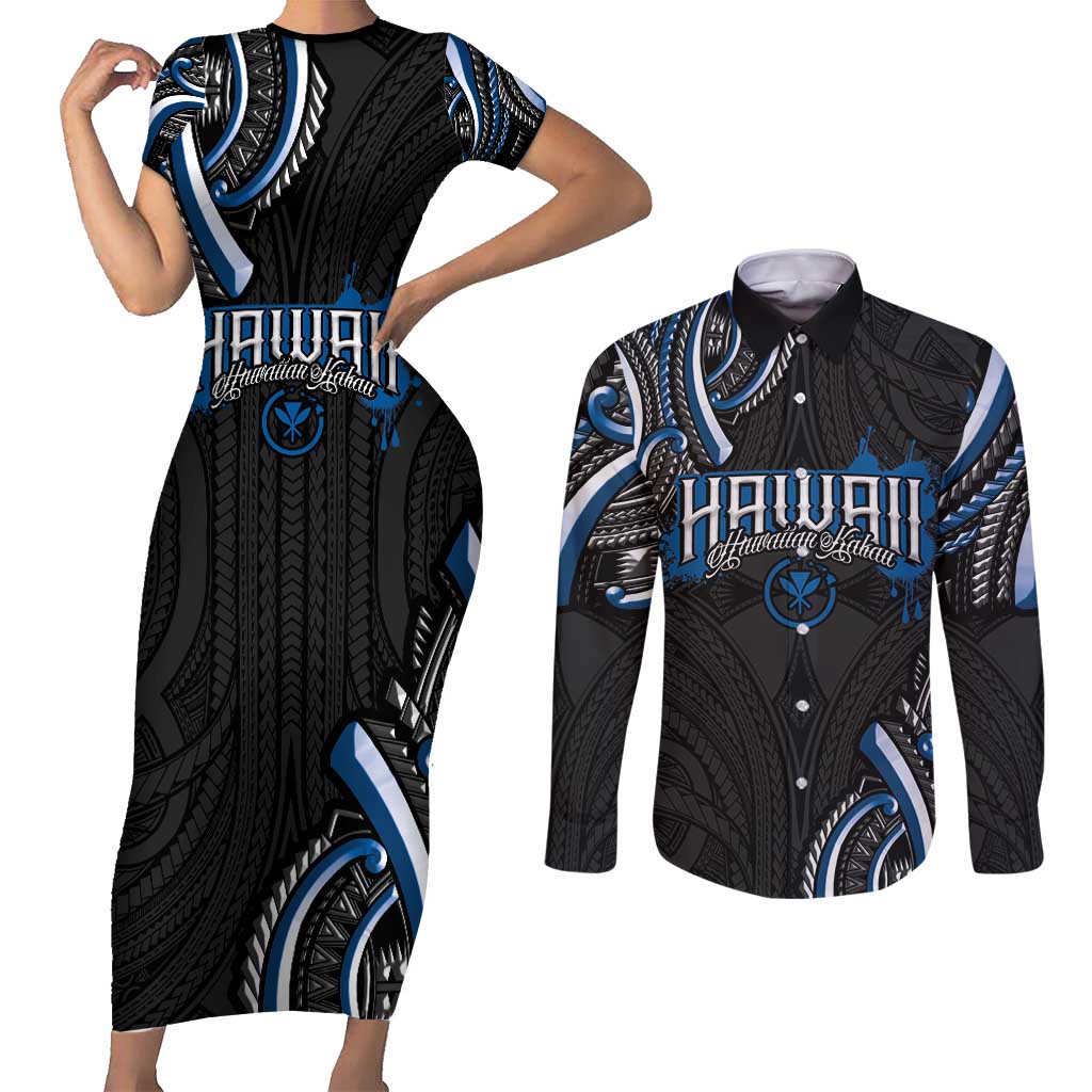 Traditional Art Hawaiian Kakau Tattoos Couples Matching Short Sleeve Bodycon Dress and Long Sleeve Button Shirt Blue Color - Polynesian Pride
