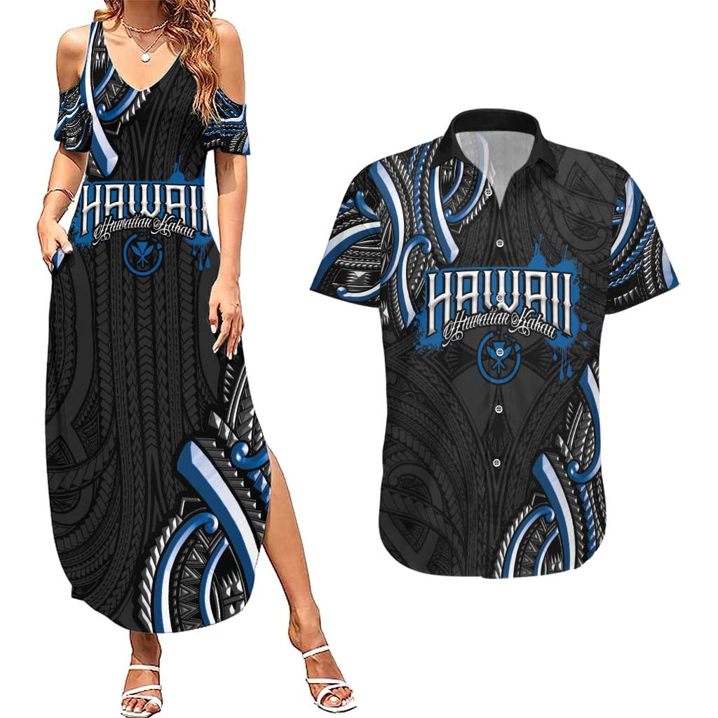 Traditional Art Hawaiian Kakau Tattoos Couples Matching Summer Maxi Dress and Hawaiian Shirt Blue Color - Polynesian Pride