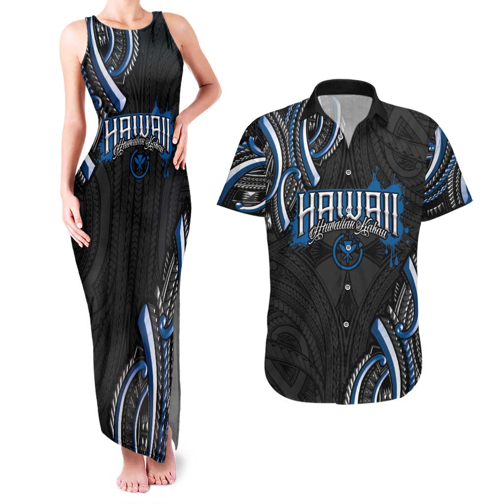 Traditional Art Hawaiian Kakau Tattoos Couples Matching Tank Maxi Dress and Hawaiian Shirt Blue Color - Polynesian Pride