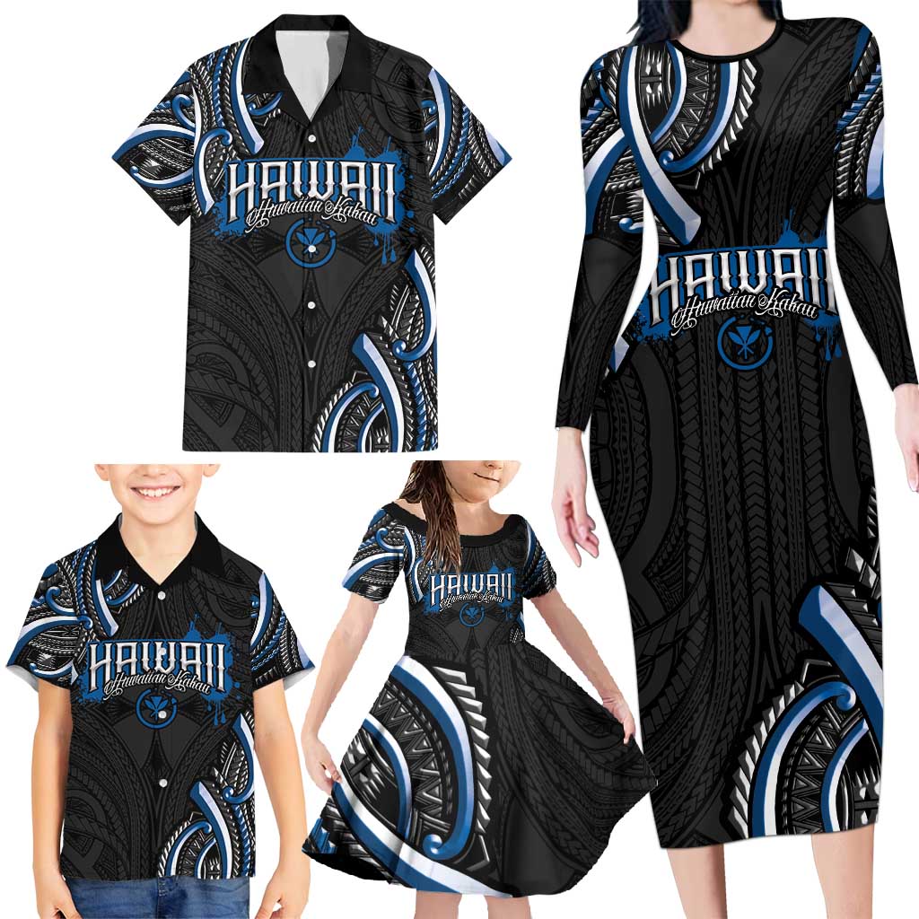Traditional Art Hawaiian Kakau Tattoos Family Matching Long Sleeve Bodycon Dress and Hawaiian Shirt Blue Color - Polynesian Pride