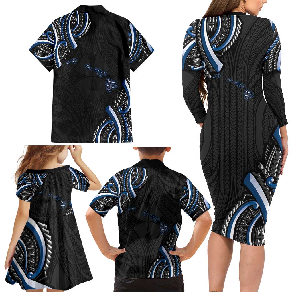 Traditional Art Hawaiian Kakau Tattoos Family Matching Long Sleeve Bodycon Dress and Hawaiian Shirt Blue Color - Polynesian Pride