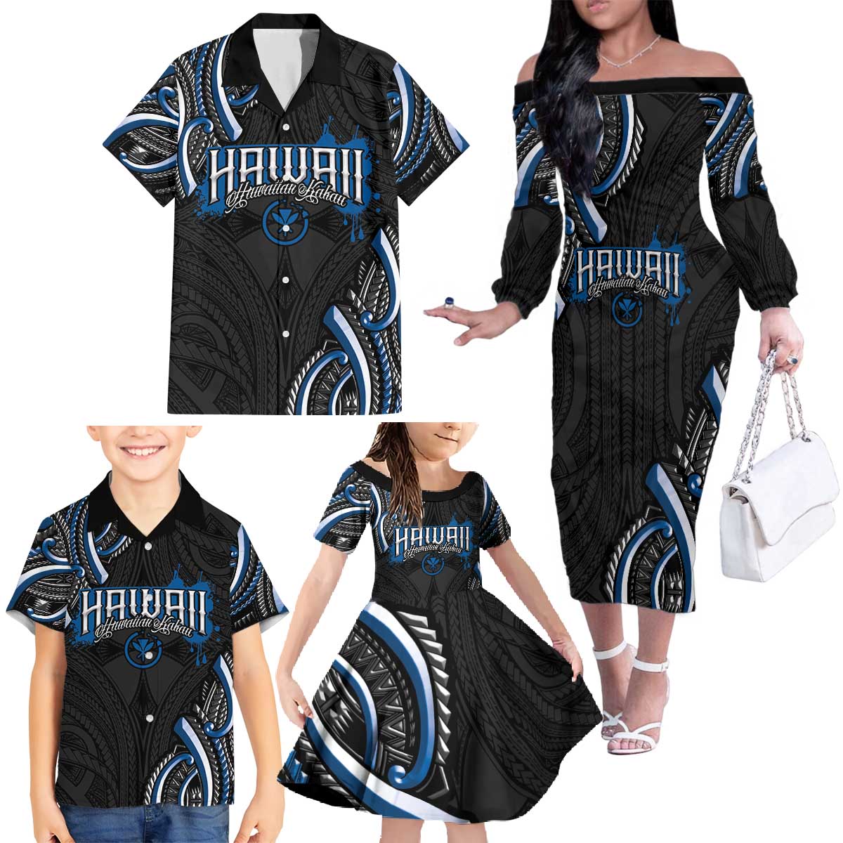 Traditional Art Hawaiian Kakau Tattoos Family Matching Off The Shoulder Long Sleeve Dress and Hawaiian Shirt Blue Color - Polynesian Pride
