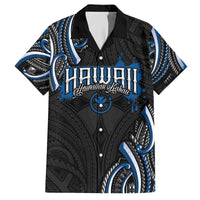 Traditional Art Hawaiian Kakau Tattoos Family Matching Off The Shoulder Long Sleeve Dress and Hawaiian Shirt Blue Color - Polynesian Pride