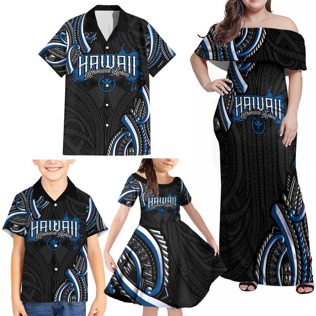 Traditional Art Hawaiian Kakau Tattoos Family Matching Off Shoulder Maxi Dress and Hawaiian Shirt Blue Color LT03 - Polynesian Pride