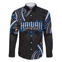 Traditional Art Hawaiian Kakau Tattoos Family Matching Off Shoulder Maxi Dress and Hawaiian Shirt Blue Color LT03 Dad's Shirt - Long Sleeve Blue - Polynesian Pride