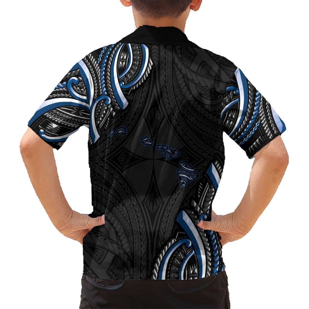 Traditional Art Hawaiian Kakau Tattoos Family Matching Off Shoulder Short Dress and Hawaiian Shirt Blue Color LT03 - Polynesian Pride