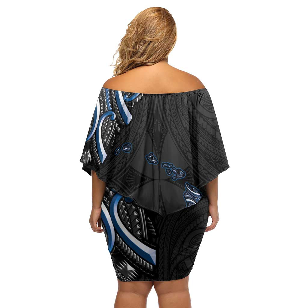 Traditional Art Hawaiian Kakau Tattoos Family Matching Off Shoulder Short Dress and Hawaiian Shirt Blue Color LT03 - Polynesian Pride