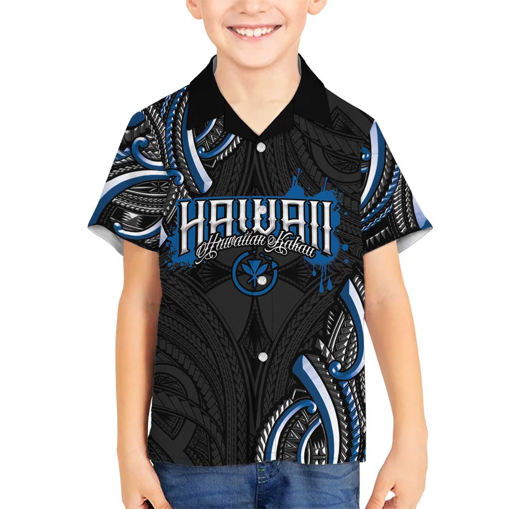 Traditional Art Hawaiian Kakau Tattoos Family Matching Off Shoulder Short Dress and Hawaiian Shirt Blue Color LT03 Son's Shirt Blue - Polynesian Pride
