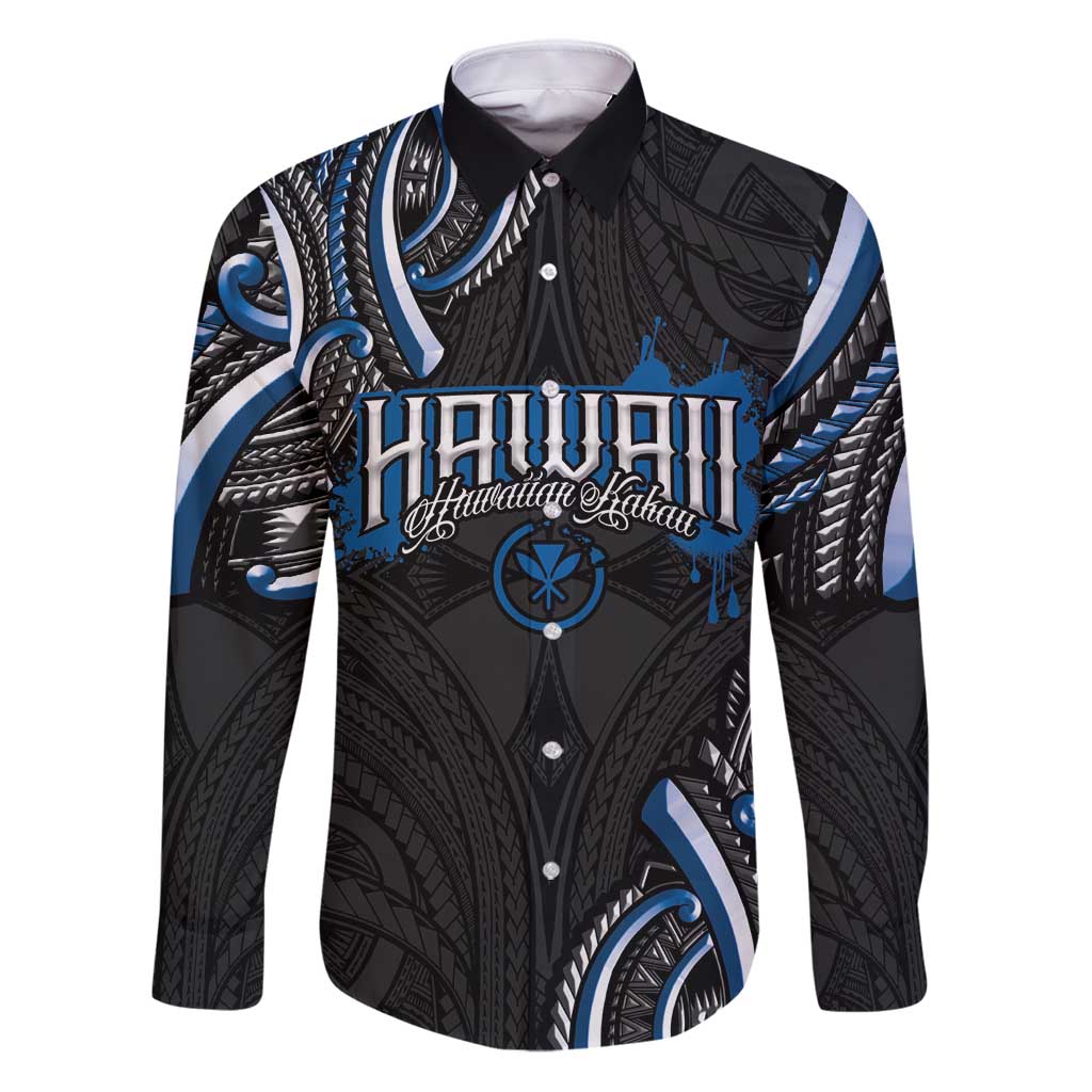 Traditional Art Hawaiian Kakau Tattoos Family Matching Puletasi and Hawaiian Shirt Blue Color LT03 Dad's Shirt - Long Sleeve Blue - Polynesian Pride