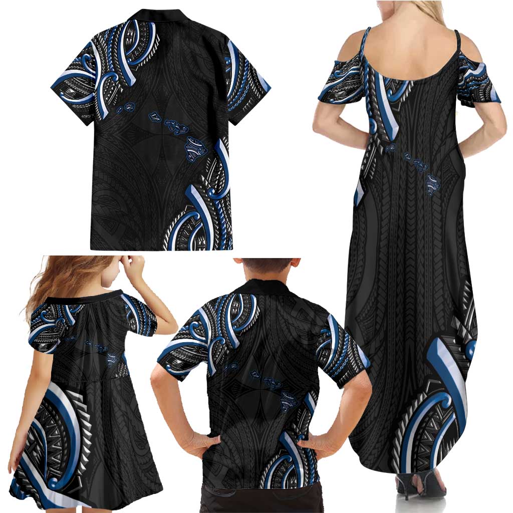 Traditional Art Hawaiian Kakau Tattoos Family Matching Summer Maxi Dress and Hawaiian Shirt Blue Color LT03 - Polynesian Pride