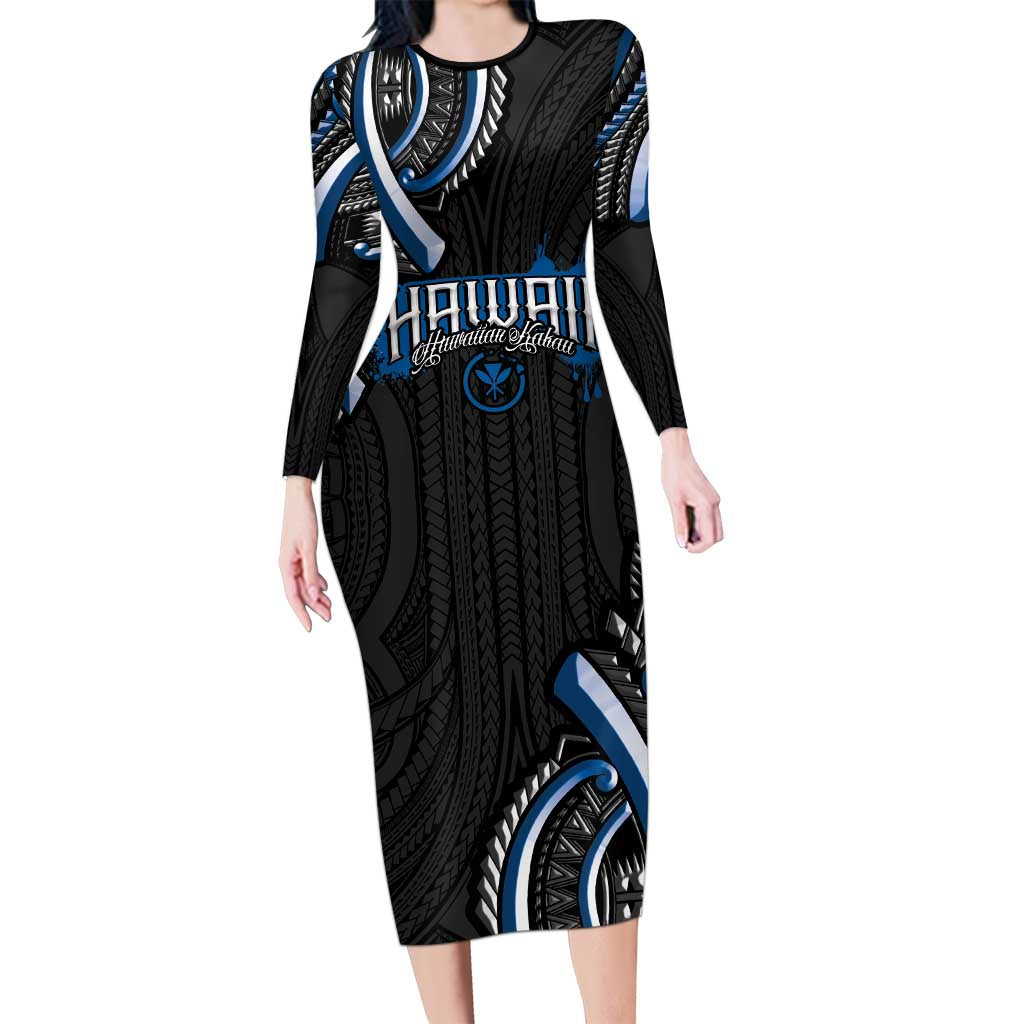 Traditional Art Hawaiian Kakau Tattoos Long Sleeve Bodycon Dress Blue Color LT03 Long Dress Blue - Polynesian Pride
