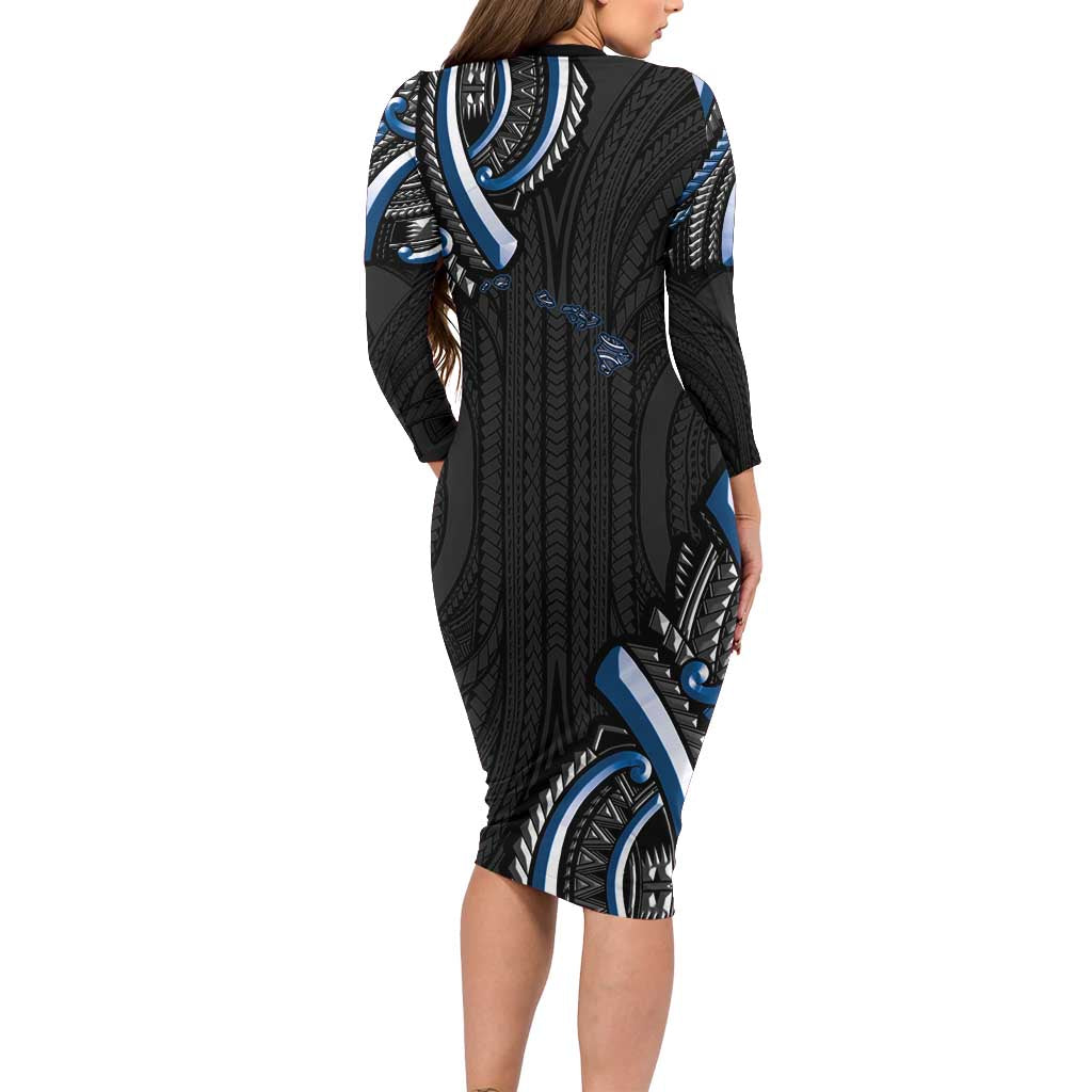 Traditional Art Hawaiian Kakau Tattoos Long Sleeve Bodycon Dress Blue Color LT03 - Polynesian Pride