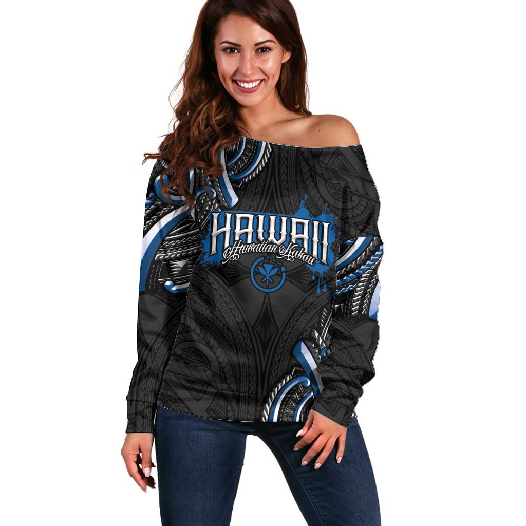 Traditional Art Hawaiian Kakau Tattoos Off Shoulder Sweater Blue Color - Polynesian Pride
