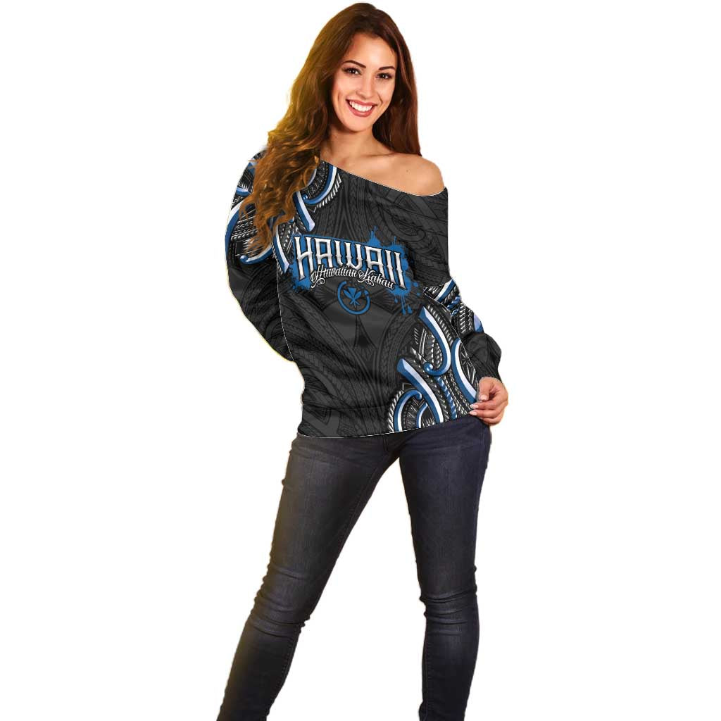 Traditional Art Hawaiian Kakau Tattoos Off Shoulder Sweater Blue Color - Polynesian Pride