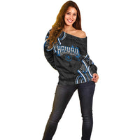 Traditional Art Hawaiian Kakau Tattoos Off Shoulder Sweater Blue Color - Polynesian Pride