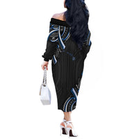 Traditional Art Hawaiian Kakau Tattoos Off The Shoulder Long Sleeve Dress Blue Color LT03 - Polynesian Pride