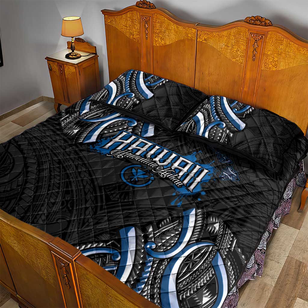 Traditional Art Hawaiian Kakau Tattoos Quilt Bed Set Blue Color - Polynesian Pride