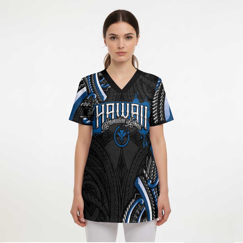 Traditional Art Hawaiian Kakau Tattoos Scrub Top Blue Color - Polynesian Pride