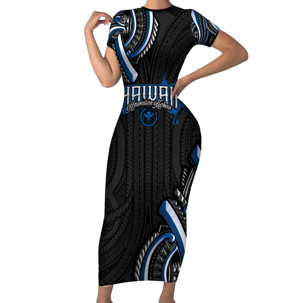 Traditional Art Hawaiian Kakau Tattoos Short Sleeve Bodycon Dress Blue Color LT03 Long Dress Blue - Polynesian Pride