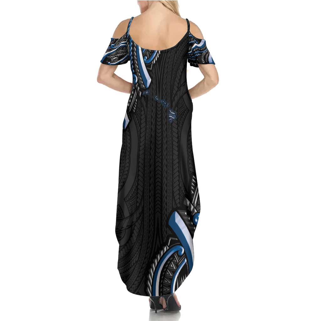 Traditional Art Hawaiian Kakau Tattoos Summer Maxi Dress Blue Color - Polynesian Pride