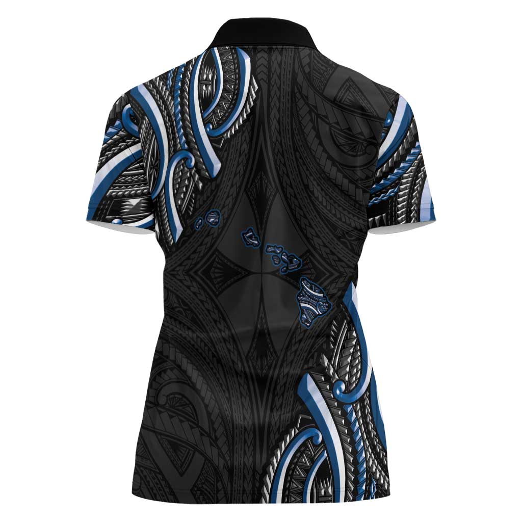 Traditional Art Hawaiian Kakau Tattoos Women Polo Shirt Blue Color - Polynesian Pride