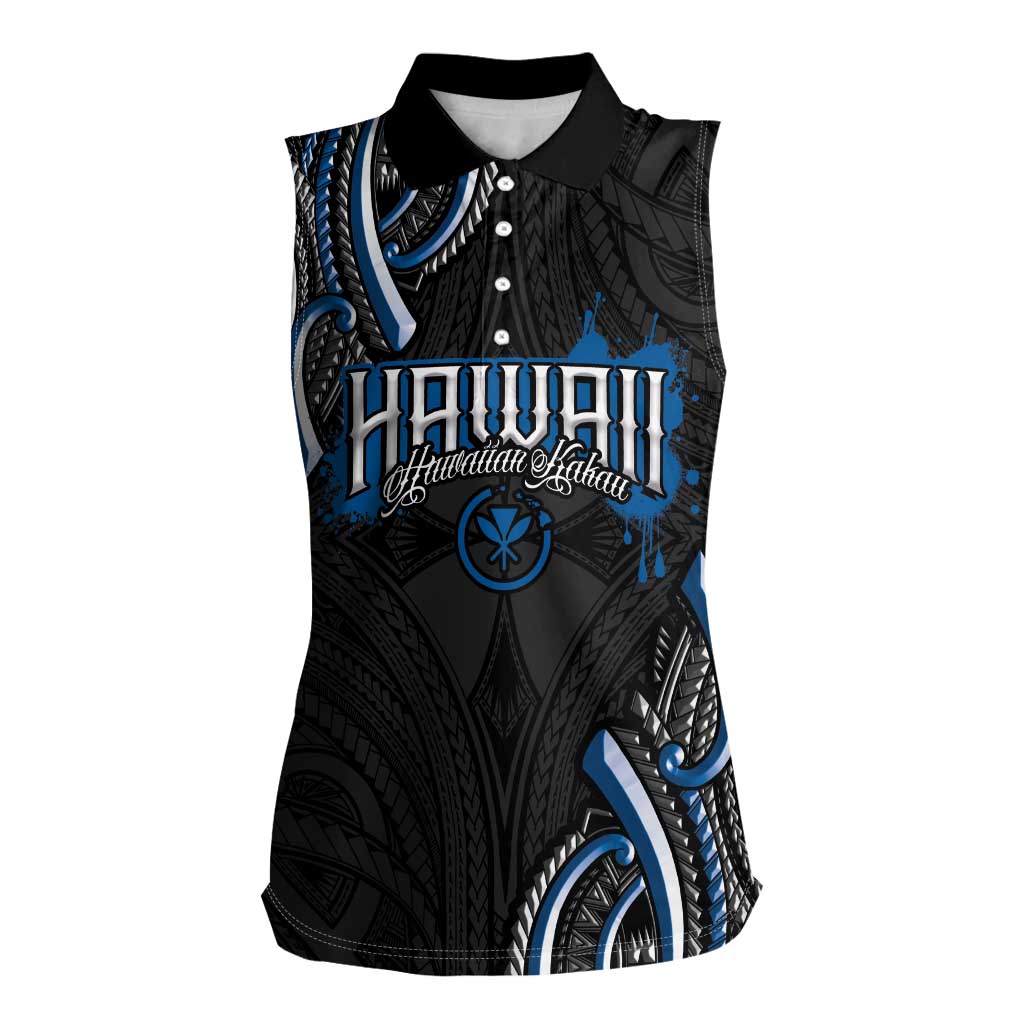 Traditional Art Hawaiian Kakau Tattoos Women Sleeveless Polo Shirt Blue Color LT03 Female Blue - Polynesian Pride