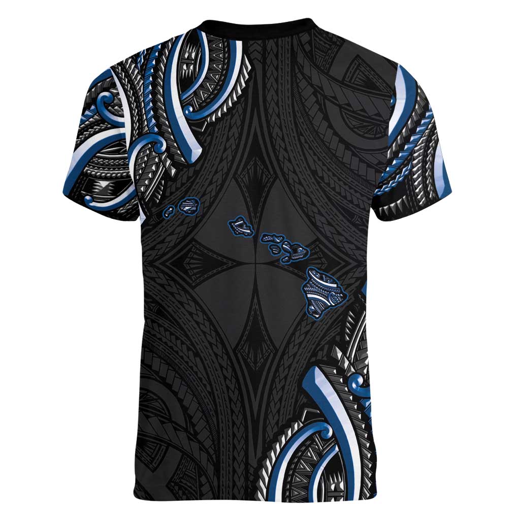 Traditional Art Hawaiian Kakau Tattoos Women V-Neck T-Shirt Blue Color LT03 - Polynesian Pride