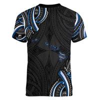 Traditional Art Hawaiian Kakau Tattoos Women V-Neck T-Shirt Blue Color LT03 - Polynesian Pride