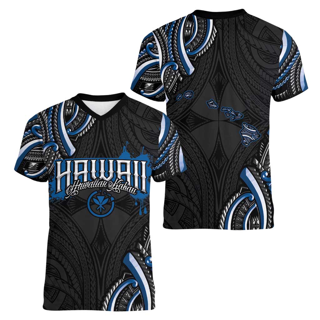 Traditional Art Hawaiian Kakau Tattoos Women V-Neck T-Shirt Blue Color LT03 - Polynesian Pride