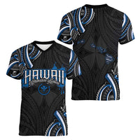 Traditional Art Hawaiian Kakau Tattoos Women V-Neck T-Shirt Blue Color LT03 - Polynesian Pride