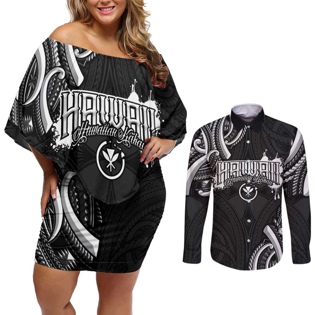 Traditional Art Hawaiian Kakau Tattoos Couples Matching Off Shoulder Short Dress and Long Sleeve Button Shirt White - Polynesian Pride