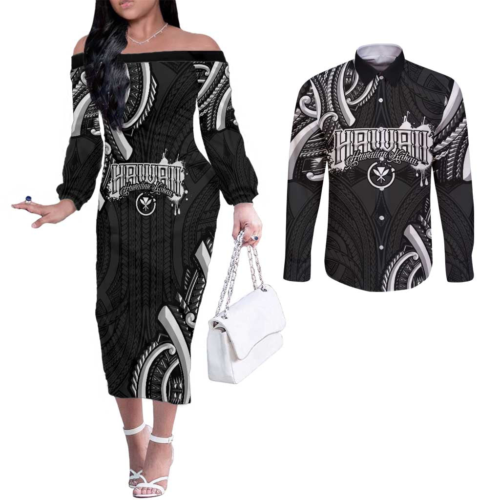 Traditional Art Hawaiian Kakau Tattoos Couples Matching Off The Shoulder Long Sleeve Dress and Long Sleeve Button Shirt White - Polynesian Pride