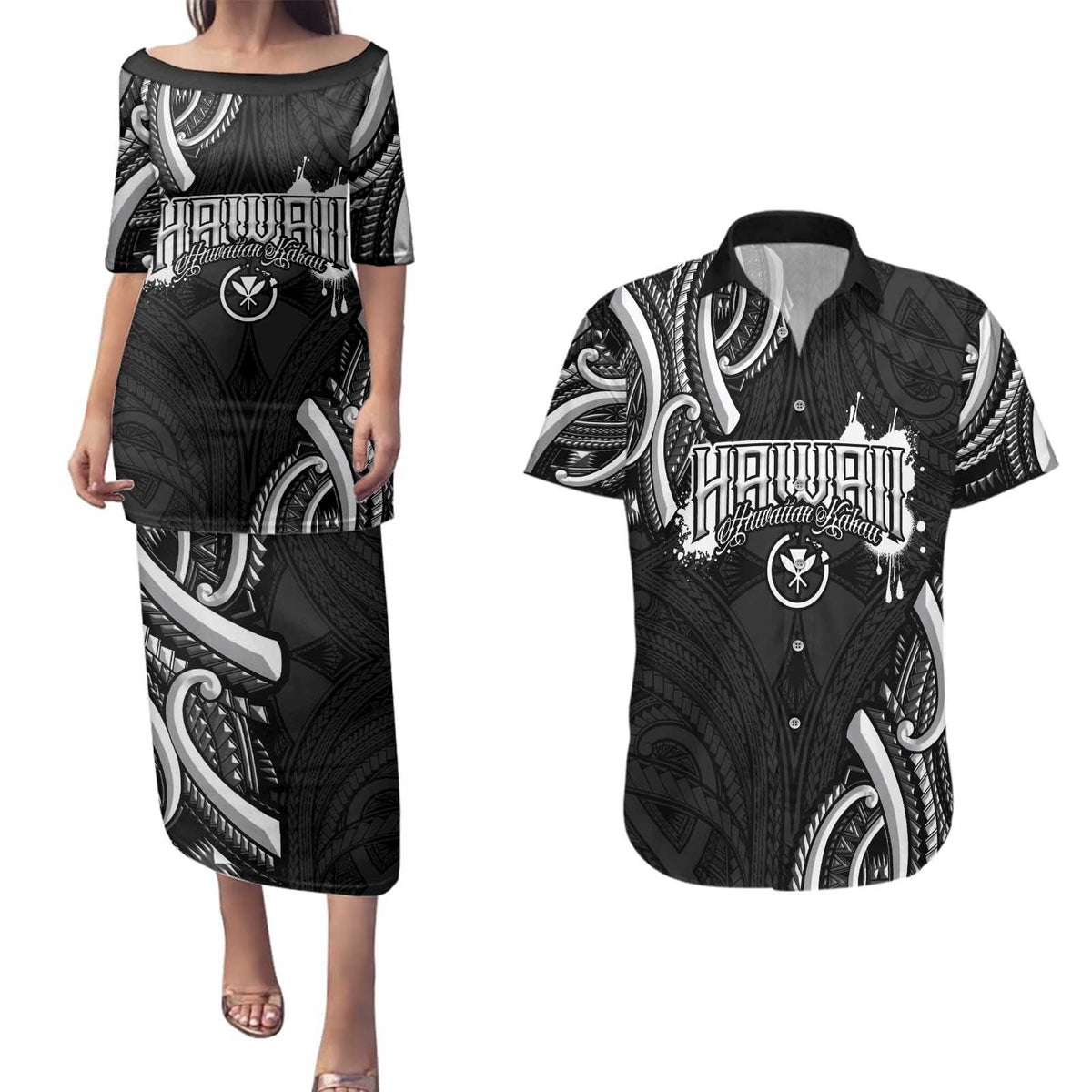 Traditional Art Hawaiian Kakau Tattoos Couples Matching Puletasi and Hawaiian Shirt White LT03 White - Polynesian Pride