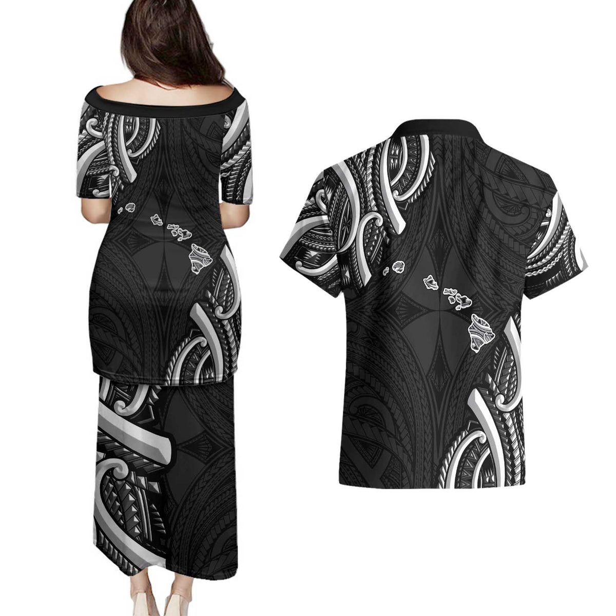 Traditional Art Hawaiian Kakau Tattoos Couples Matching Puletasi and Hawaiian Shirt White LT03 - Polynesian Pride