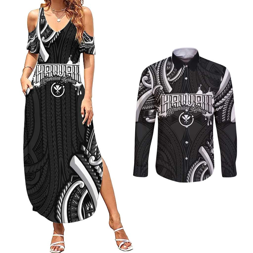 Traditional Art Hawaiian Kakau Tattoos Couples Matching Summer Maxi Dress and Long Sleeve Button Shirt White - Polynesian Pride