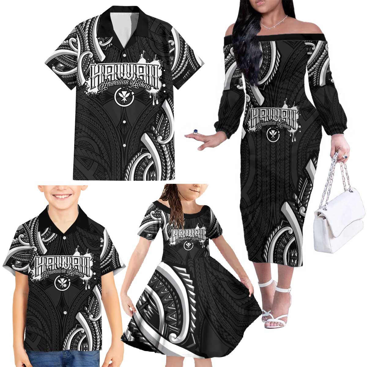 Traditional Art Hawaiian Kakau Tattoos Family Matching Off The Shoulder Long Sleeve Dress and Hawaiian Shirt White - Polynesian Pride