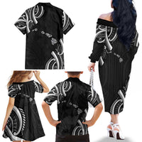 Traditional Art Hawaiian Kakau Tattoos Family Matching Off The Shoulder Long Sleeve Dress and Hawaiian Shirt White - Polynesian Pride