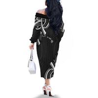 Traditional Art Hawaiian Kakau Tattoos Family Matching Off The Shoulder Long Sleeve Dress and Hawaiian Shirt White - Polynesian Pride