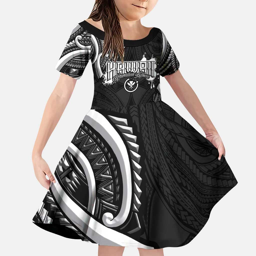 Traditional Art Hawaiian Kakau Tattoos Family Matching Puletasi and Hawaiian Shirt White LT03 Daughter's Dress White - Polynesian Pride