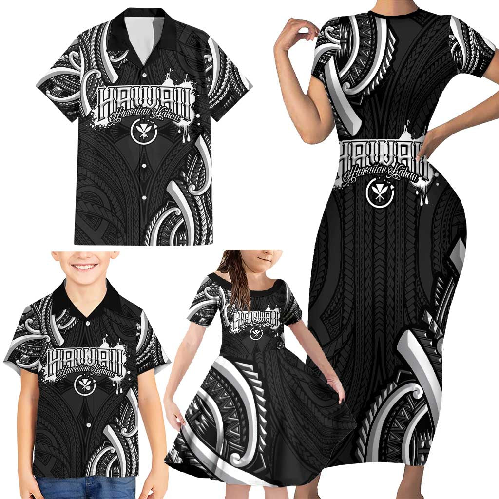 Traditional Art Hawaiian Kakau Tattoos Family Matching Short Sleeve Bodycon Dress and Hawaiian Shirt White - Polynesian Pride