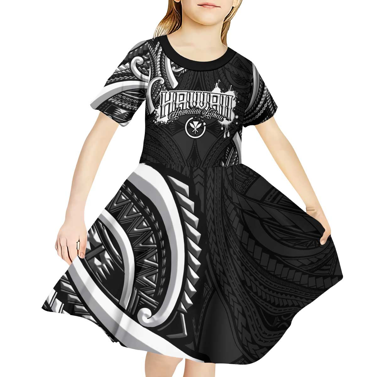 Traditional Art Hawaiian Kakau Tattoos Kid Short Sleeve Dress White - Polynesian Pride
