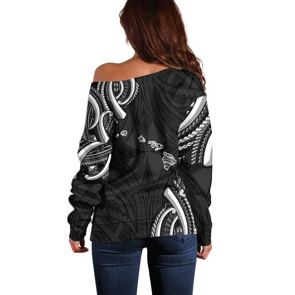 Traditional Art Hawaiian Kakau Tattoos Off Shoulder Sweater White LT03 - Polynesian Pride