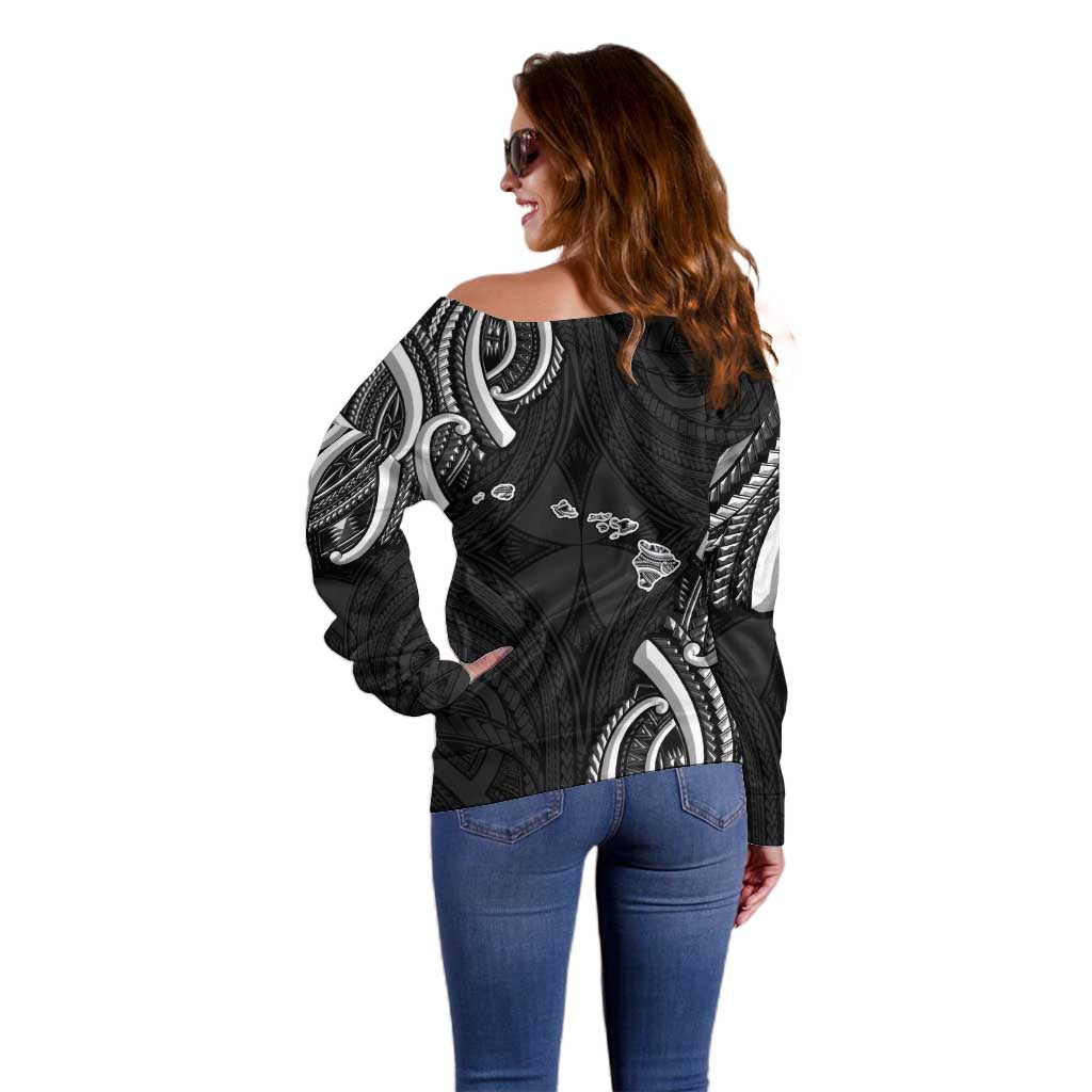 Traditional Art Hawaiian Kakau Tattoos Off Shoulder Sweater White LT03 - Polynesian Pride